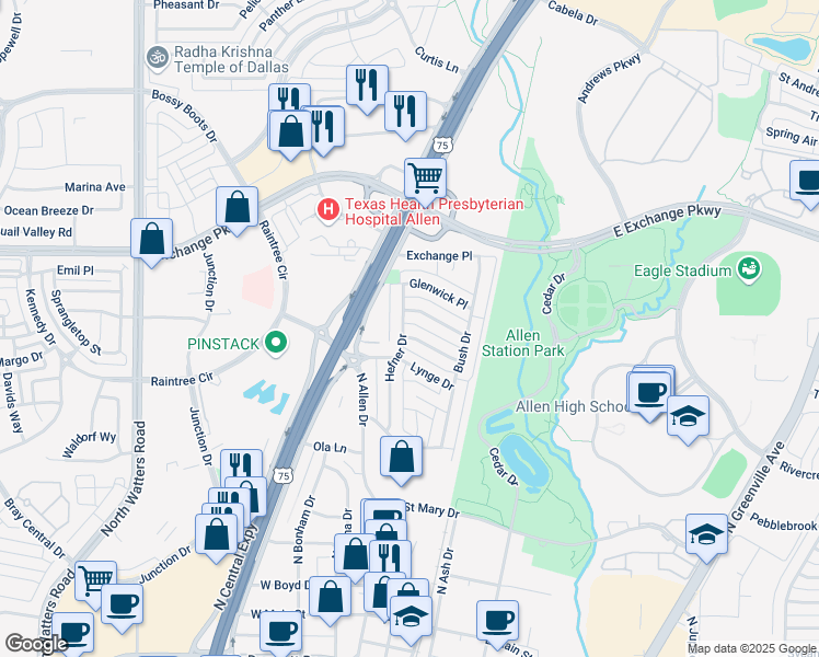map of restaurants, bars, coffee shops, grocery stores, and more near 216 Nob Hill Place in Allen