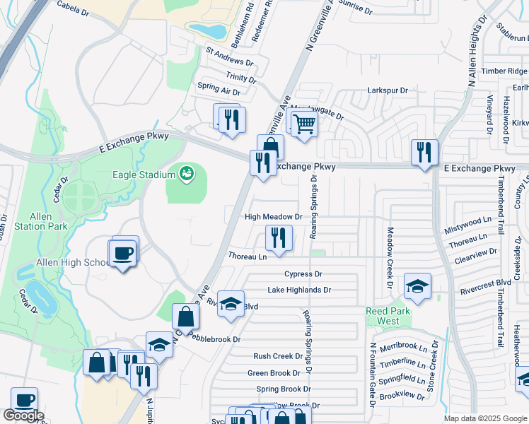 map of restaurants, bars, coffee shops, grocery stores, and more near 607 High Meadow Drive in Allen