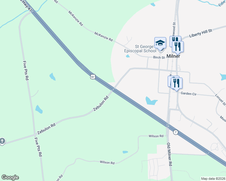 map of restaurants, bars, coffee shops, grocery stores, and more near 123 Zebulon Street in Milner