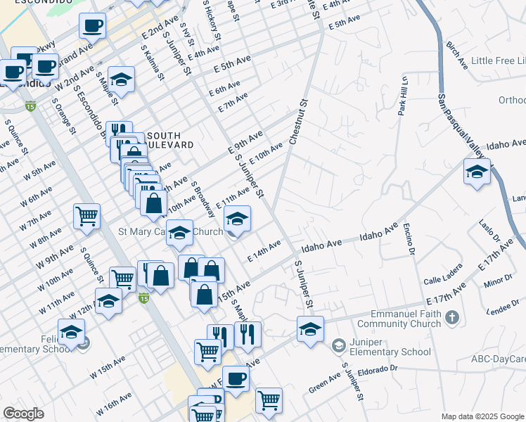 map of restaurants, bars, coffee shops, grocery stores, and more near 1217 South Juniper Street in Escondido