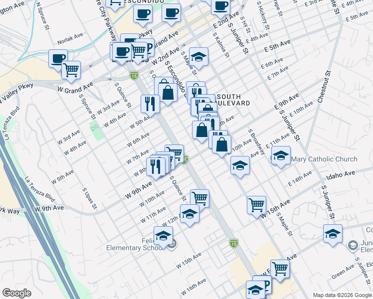 map of restaurants, bars, coffee shops, grocery stores, and more near 412 West 9th Avenue in Escondido
