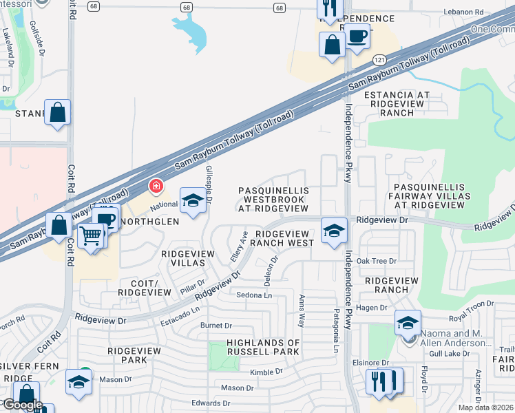 map of restaurants, bars, coffee shops, grocery stores, and more near 3213 Tarrant Lane in Plano