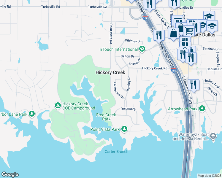 map of restaurants, bars, coffee shops, grocery stores, and more near 1155 Point Vista Road in Hickory Creek