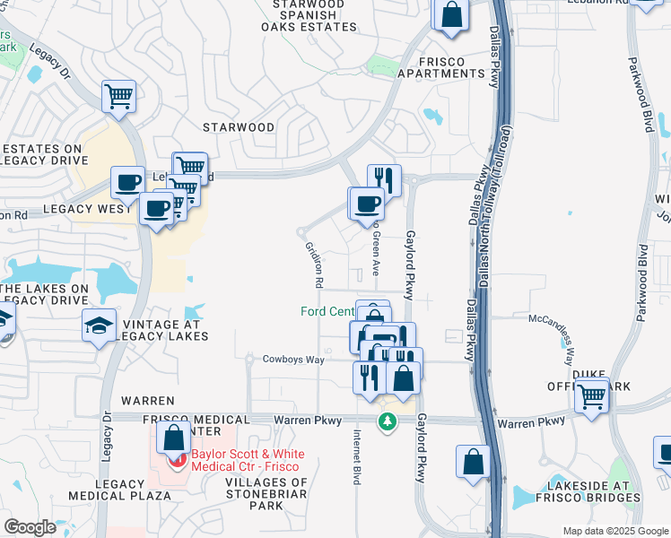 map of restaurants, bars, coffee shops, grocery stores, and more near 4160 Gridiron Road in Frisco