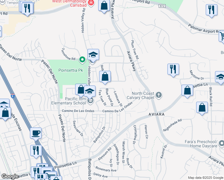 map of restaurants, bars, coffee shops, grocery stores, and more near 6709 Lonicera Street in Carlsbad