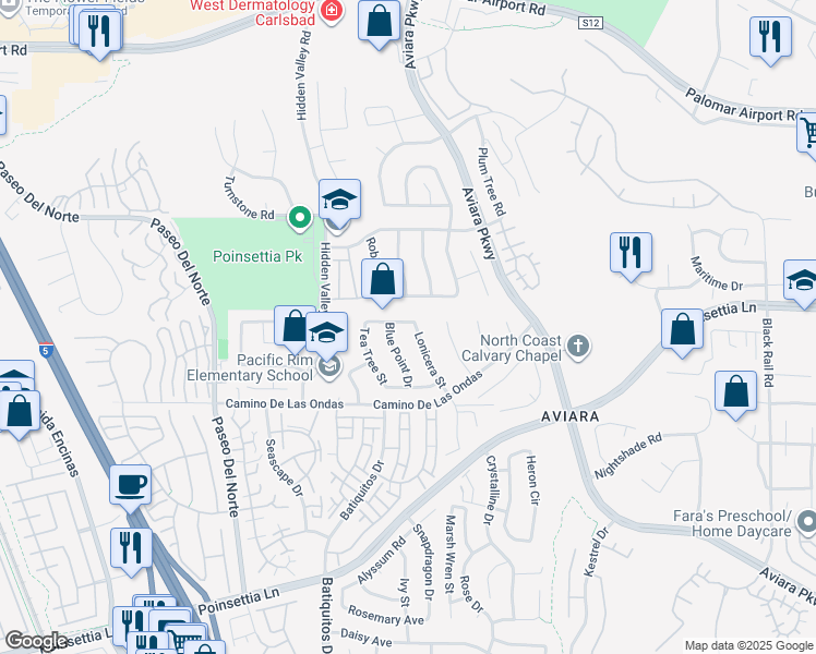 map of restaurants, bars, coffee shops, grocery stores, and more near 6709 Lonicera Street in Carlsbad