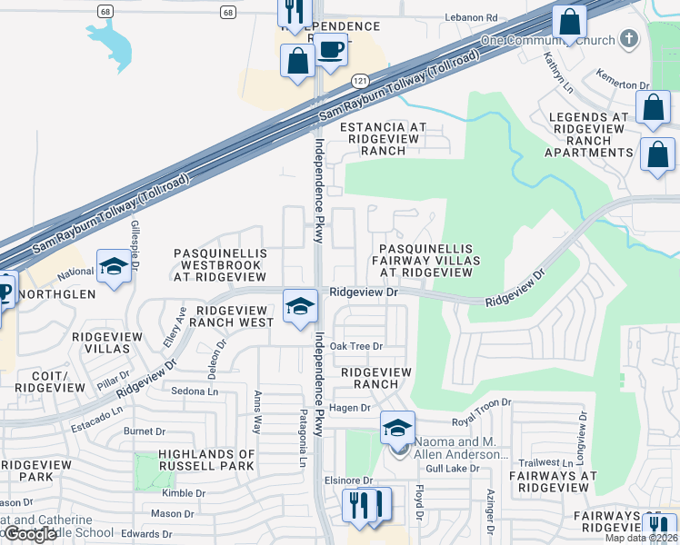 map of restaurants, bars, coffee shops, grocery stores, and more near 9820 Clocktower Court in Plano