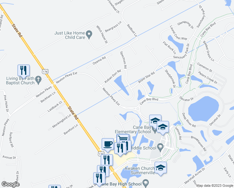 map of restaurants, bars, coffee shops, grocery stores, and more near 315 Spectrum Road in Summerville