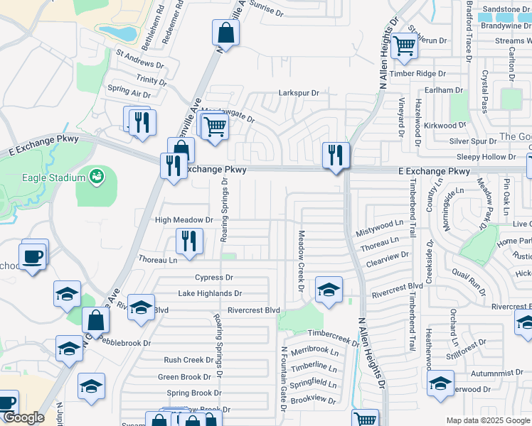 map of restaurants, bars, coffee shops, grocery stores, and more near 1003 Sandy Trail Drive in Allen