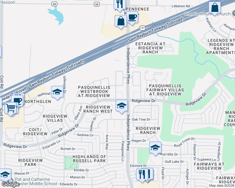 map of restaurants, bars, coffee shops, grocery stores, and more near 9802 Cambria Court in Plano