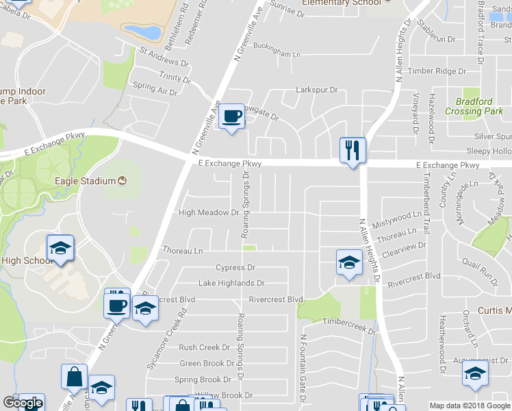 map of restaurants, bars, coffee shops, grocery stores, and more near 1003 Candlewood Drive in Allen