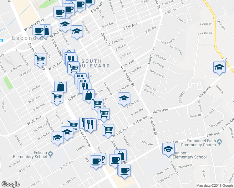 map of restaurants, bars, coffee shops, grocery stores, and more near 123 East 11th Avenue in Escondido