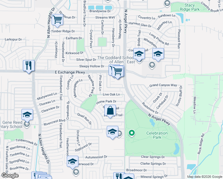 map of restaurants, bars, coffee shops, grocery stores, and more near 1711 Live Oak Lane in Allen