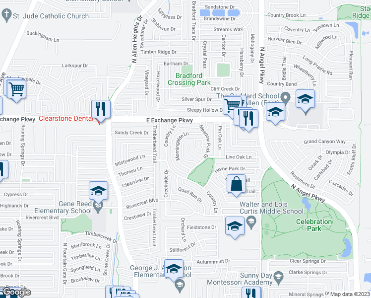 map of restaurants, bars, coffee shops, grocery stores, and more near 906 Homestead Trail in Allen