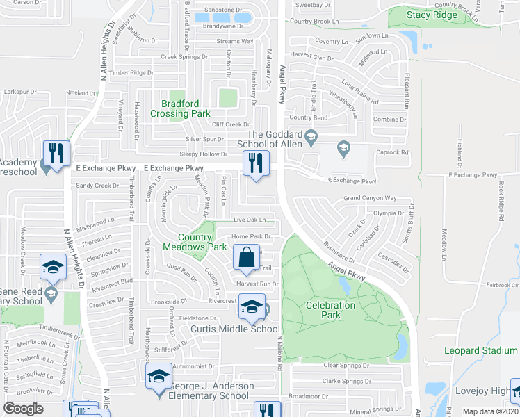 map of restaurants, bars, coffee shops, grocery stores, and more near 1518 Oak Tree Road in Allen