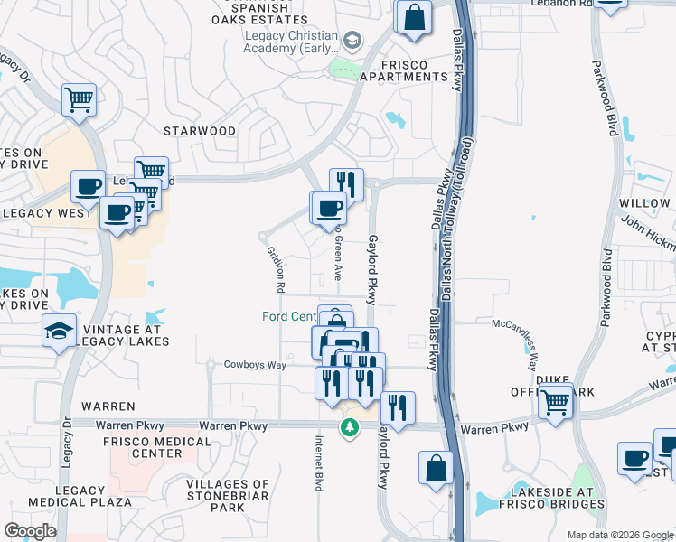map of restaurants, bars, coffee shops, grocery stores, and more near 4343 Frisco Green Avenue in Frisco