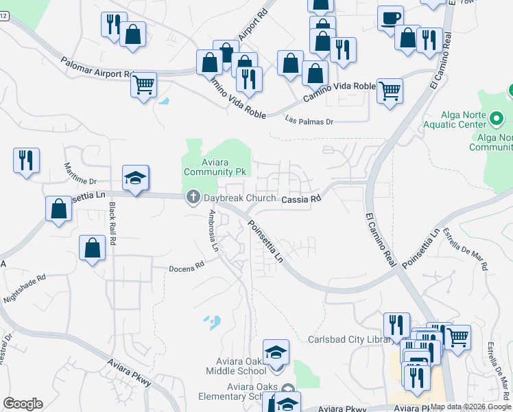 map of restaurants, bars, coffee shops, grocery stores, and more near 1626 Cassia Road in Carlsbad