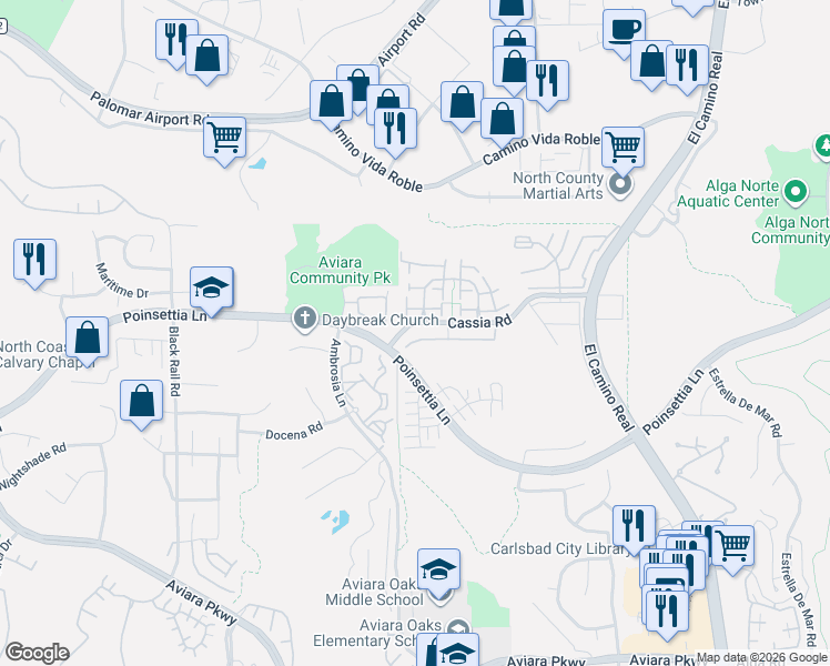 map of restaurants, bars, coffee shops, grocery stores, and more near 1626 Cassia Road in Carlsbad
