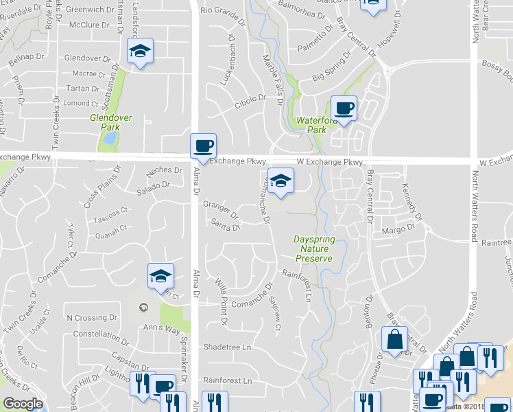 map of restaurants, bars, coffee shops, grocery stores, and more near 1497 Quinlan Drive in Allen