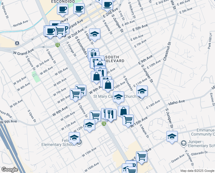 map of restaurants, bars, coffee shops, grocery stores, and more near 244 West 10th Avenue in Escondido