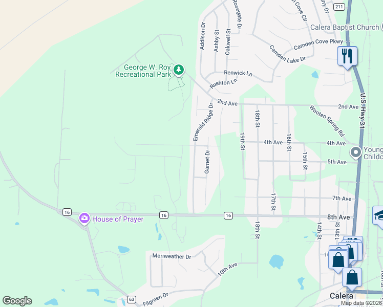 map of restaurants, bars, coffee shops, grocery stores, and more near 1110 Emerald Ridge Drive in Calera