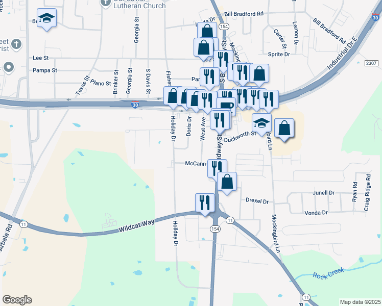 map of restaurants, bars, coffee shops, grocery stores, and more near 231 McCann Street in Sulphur Springs