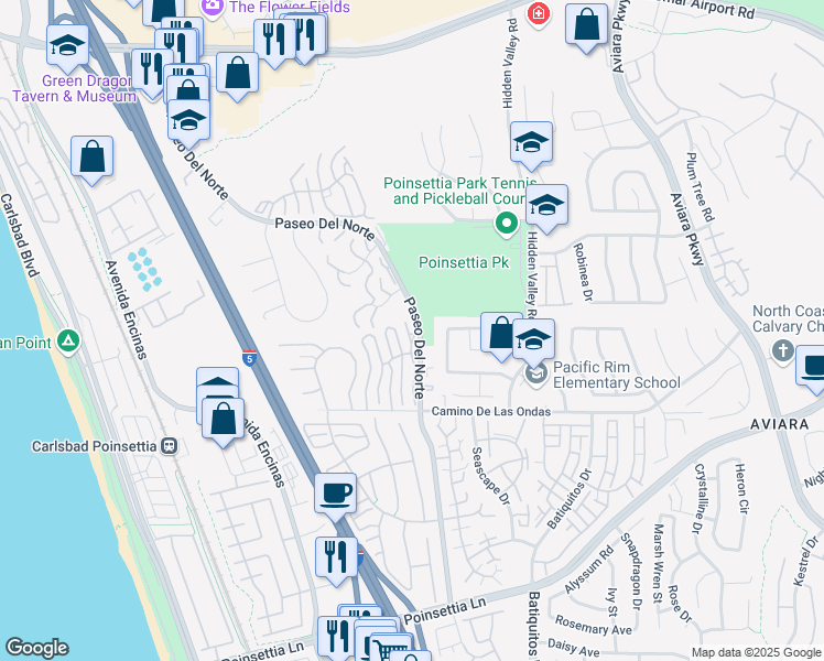 map of restaurants, bars, coffee shops, grocery stores, and more near 6716 Clover Court in Carlsbad