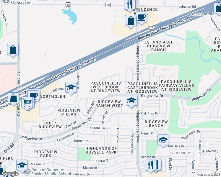 map of restaurants, bars, coffee shops, grocery stores, and more near 3140 Tarrant Lane in Plano