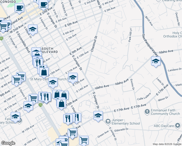 map of restaurants, bars, coffee shops, grocery stores, and more near 321 Chestnut Lane in Escondido