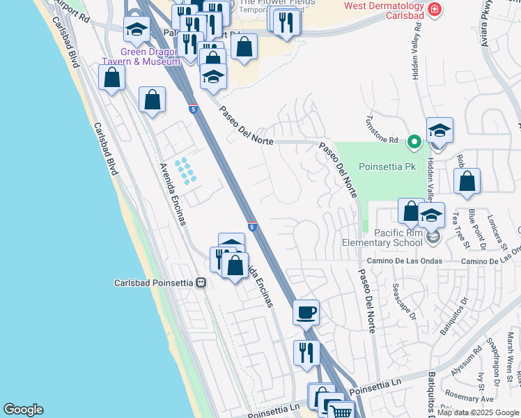 map of restaurants, bars, coffee shops, grocery stores, and more near 811 Caminito Del Sol in Carlsbad