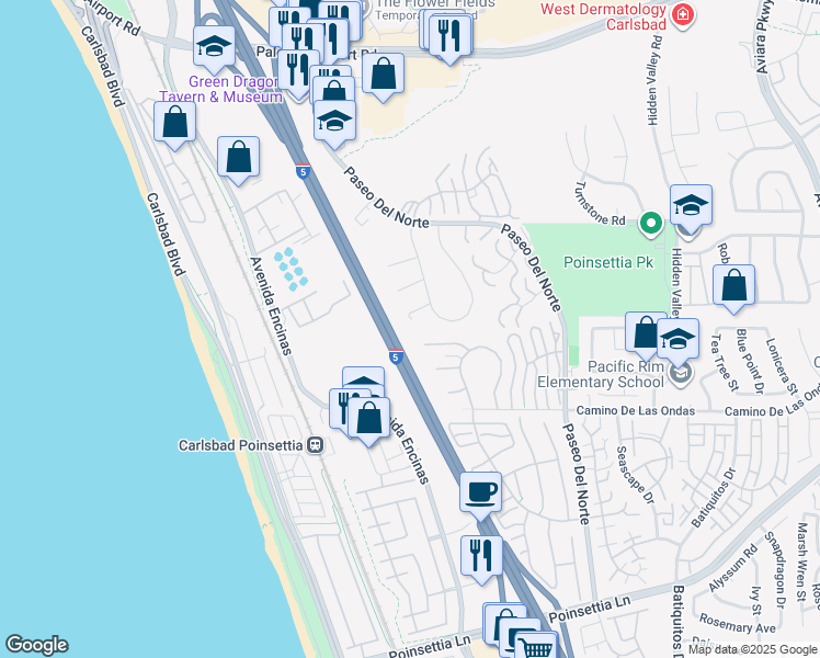 map of restaurants, bars, coffee shops, grocery stores, and more near 811 Caminito Del Sol in Carlsbad