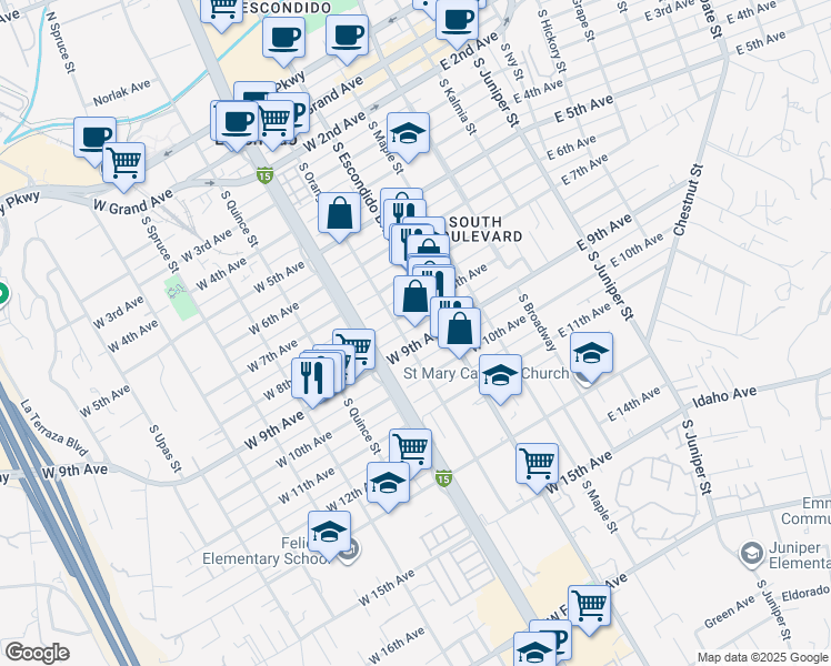 map of restaurants, bars, coffee shops, grocery stores, and more near 412 West 9th Avenue in Escondido
