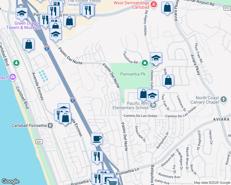 map of restaurants, bars, coffee shops, grocery stores, and more near 6711 Clover Court in Carlsbad