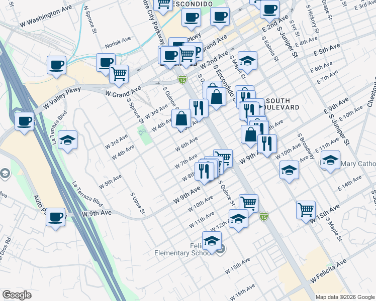 map of restaurants, bars, coffee shops, grocery stores, and more near 642A West 7th Avenue in Escondido