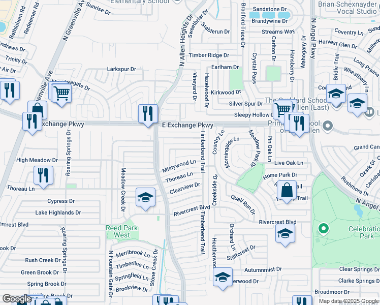 map of restaurants, bars, coffee shops, grocery stores, and more near 1324 Rocky Creek Lane in Allen