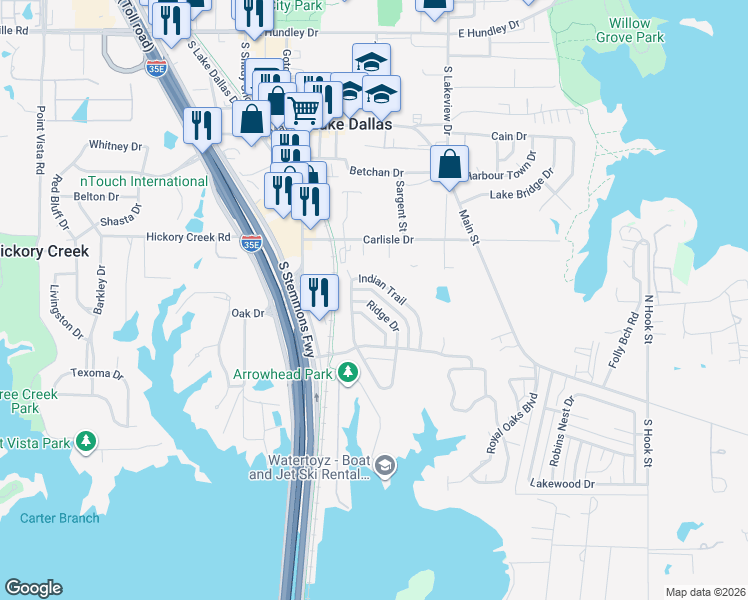 map of restaurants, bars, coffee shops, grocery stores, and more near 7 Ridge Drive in Lake Dallas