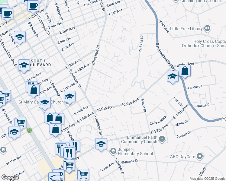 map of restaurants, bars, coffee shops, grocery stores, and more near 460 Chestnut Lane in Escondido