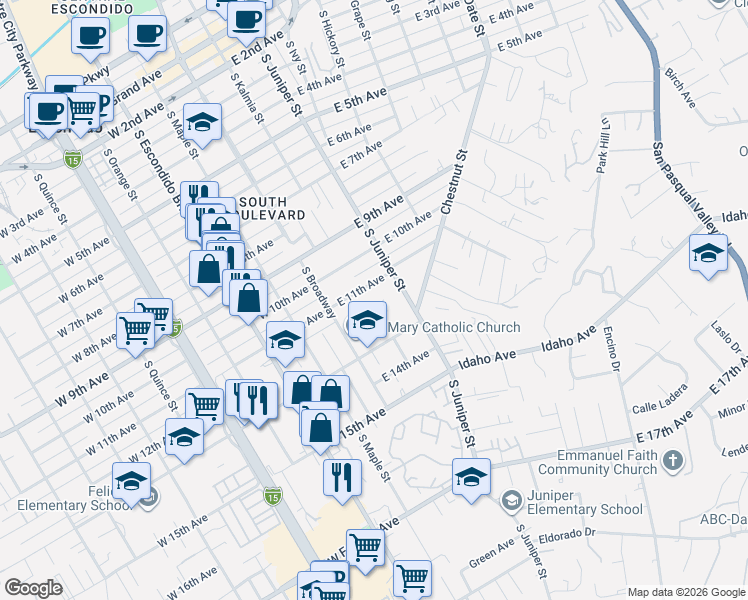map of restaurants, bars, coffee shops, grocery stores, and more near 1170 South Broadway in Escondido