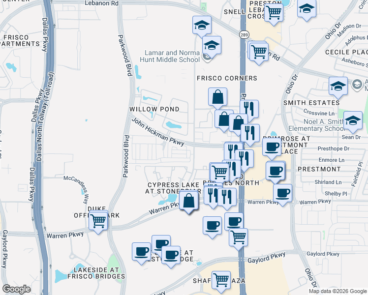 map of restaurants, bars, coffee shops, grocery stores, and more near 4140 Legendary Drive in Frisco