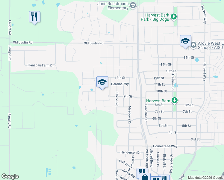 map of restaurants, bars, coffee shops, grocery stores, and more near 900 Hawks Way in Argyle