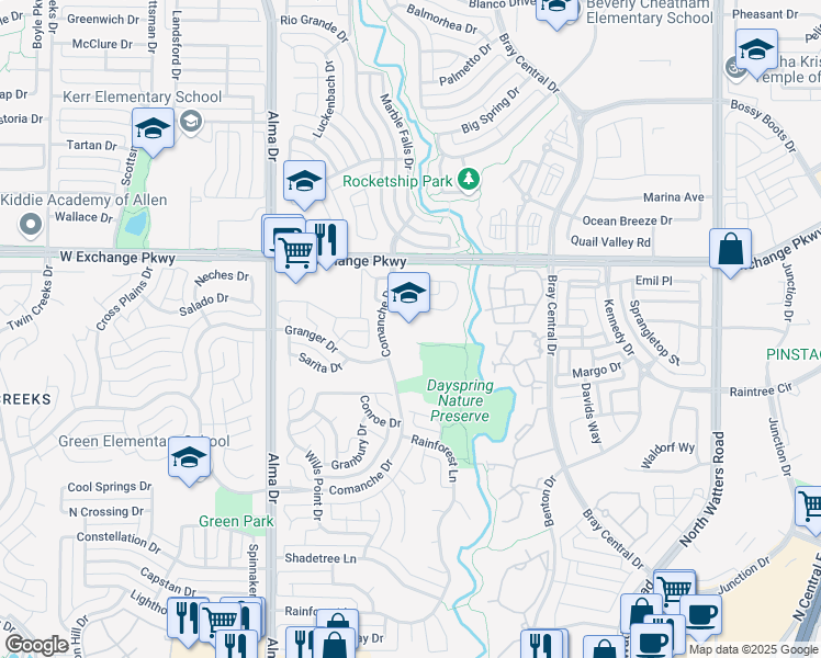map of restaurants, bars, coffee shops, grocery stores, and more near 1050 Comanche Drive in Allen