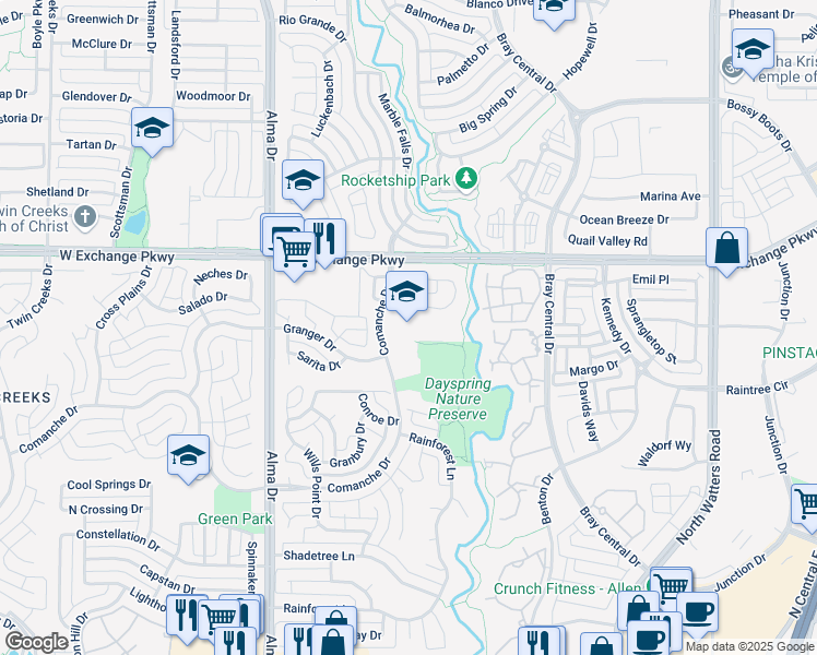 map of restaurants, bars, coffee shops, grocery stores, and more near 1050 Comanche Drive in Allen