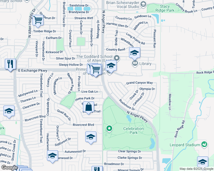 map of restaurants, bars, coffee shops, grocery stores, and more near 1723 Live Oak Lane in Allen