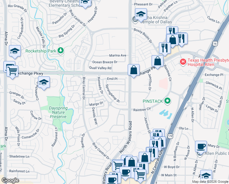 map of restaurants, bars, coffee shops, grocery stores, and more near 993 Rebecca Drive in Allen