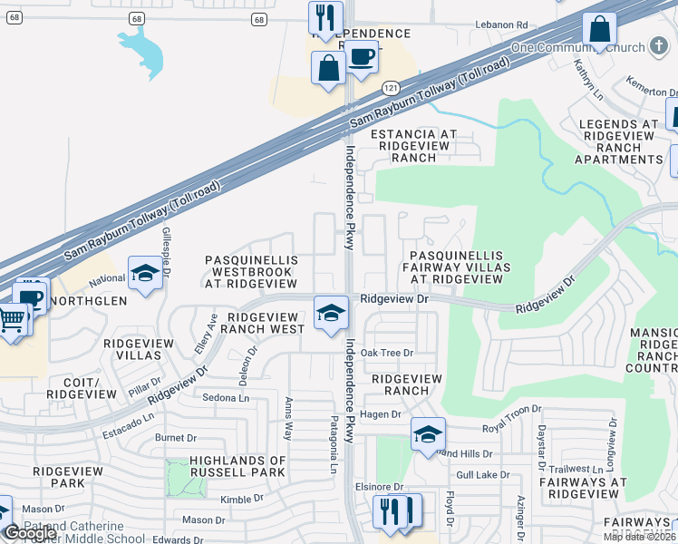 map of restaurants, bars, coffee shops, grocery stores, and more near 9802 Cambria Court in Plano