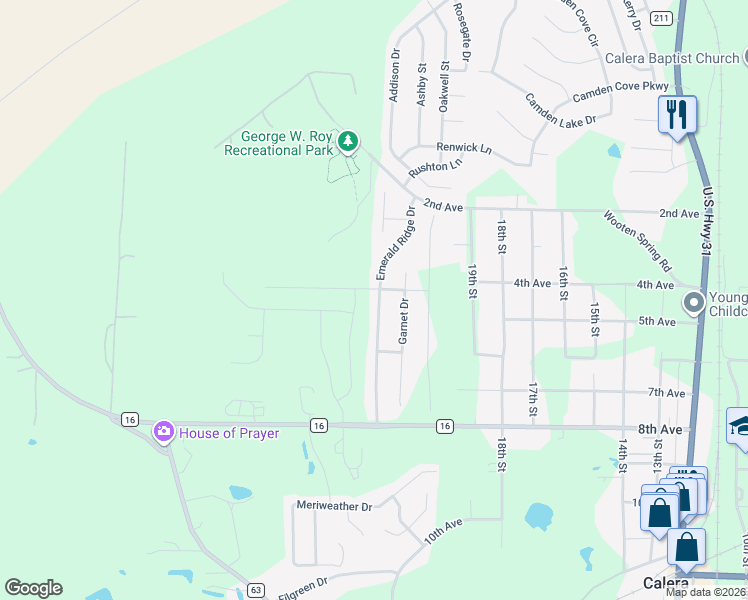 map of restaurants, bars, coffee shops, grocery stores, and more near 1110 Emerald Ridge Drive in Calera