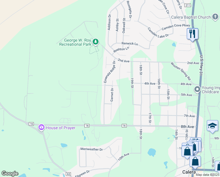 map of restaurants, bars, coffee shops, grocery stores, and more near 1037 Garnet Drive in Calera