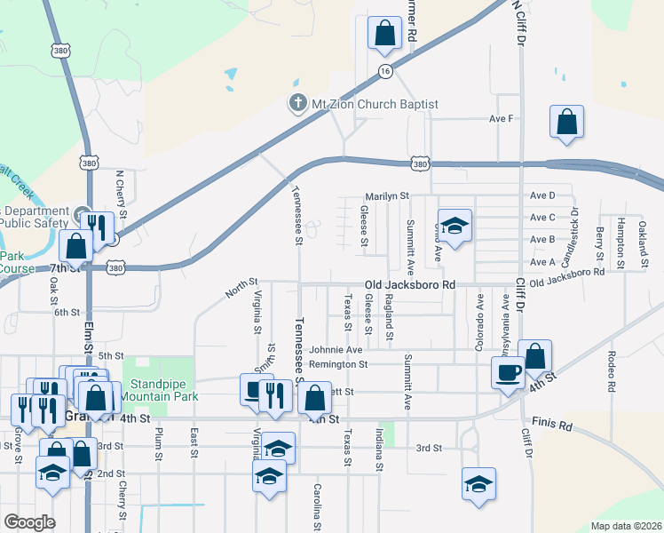 map of restaurants, bars, coffee shops, grocery stores, and more near 1111 Old Jacksboro Road in Graham