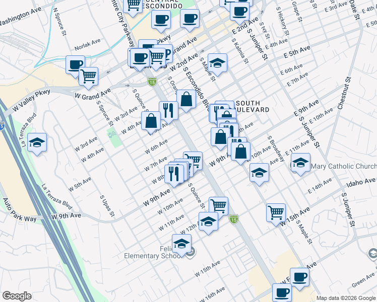 map of restaurants, bars, coffee shops, grocery stores, and more near 503 West 8th Avenue in Escondido
