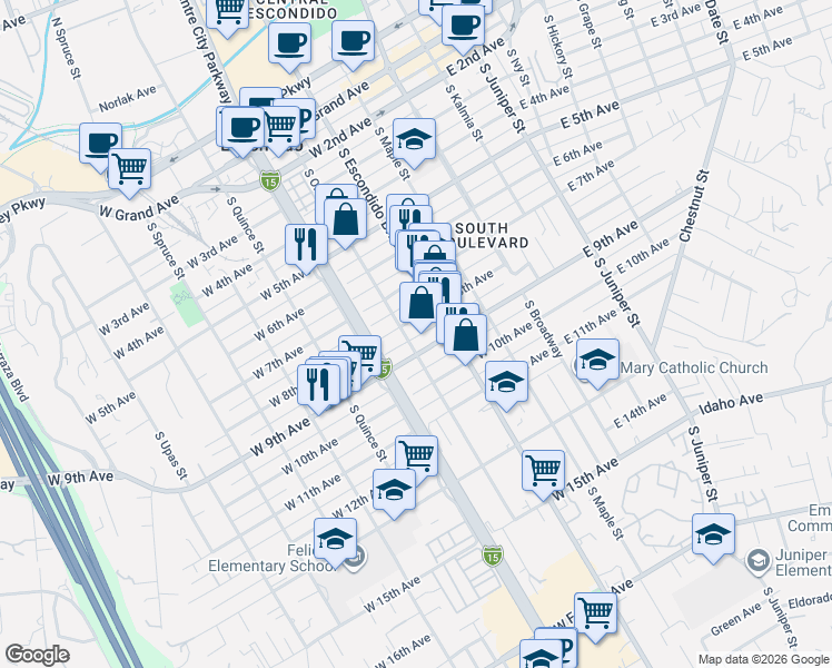 map of restaurants, bars, coffee shops, grocery stores, and more near 351-55 West 8th Avenue in Escondido